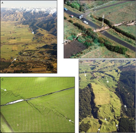 Figure 2. Oblique aerial photograph examples of active faults in New Zealand; traces highlighted by arrows. A, The Hanmer Fault in north Canterbury at the foot of the Hanmer Range. B, The 1987 surface rupture trace of the Edgecumbe Fault, Bay of Plenty. C, The 2010 surface rupture trace of the Greendale Fault, Canterbury. D, Closely spaced normal faults in the northern part of the Taupo Rift (Photographs: A, B, D: DL Homer, GNS Science; C: R Jongens, GNS Science).