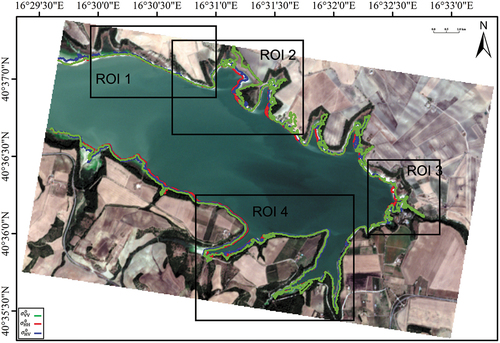 Figure 11. Waterlines extracted from VV- (green), HH- (red) and the HV-polarized (blue) NRCS superimposed onto the Sentinel-2 true-colour optical image. Note that black boxes are annotated that refer to the 4 ROIs selected for a detailed analysis.