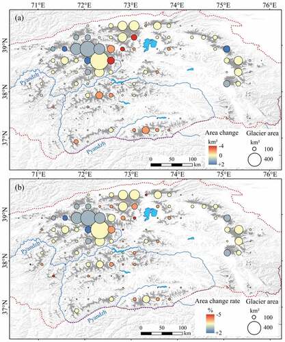 Figure 5. Map of glacier area change (a) and change rate (b) on a 0.25°×0.25° grid of the Pamir from 2000 to 2017.