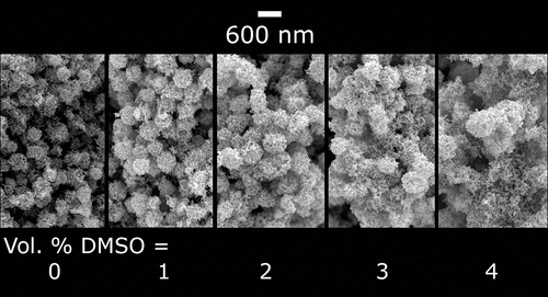 Figure 9. Evolution of webbed microstructure for deposition with partially wet nanoparticle with increased addition of dimethyl sulfoxide (DMSO). Images are from cross-sections of P-25 TiO2 films.