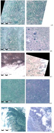 Figure 1. Examples of TOA true color images acquired by sentinel-2A/MSI (left) and Landsat-8/OLI (right): (A) tile 20HNH over Argentina, dates of Sentinel-2A/MSI and Landsat-8/OLI acquisitions are 2015358 and 2015361 respectively; (B) tile 20HPH over Argentina, acquisitions dates are 2015358 and 2015258; (C) tile 14SKF over Texas, U.S.A., dates of acquisitions are 2016012 and 2016104; (D) tile T36UUU over Ukraine, acquisition dates are 2016169 and 2016108; (E) tile T34UFU over the Carpathian Mountains, Ukraine, acquisitions dates are 2016198 and 2016063.