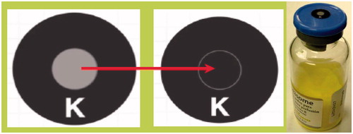 Figure 7. Left: the Temptime instant threshold indicator dot before and after exposure to 40 °C; right: typical application to a vial.