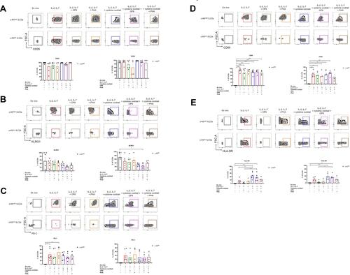 Figure 2 Different culture conditions affected marker expression in c-Kithigh and c-Kitlow ILC2s. Representative dotplots and quantification of CD25 (A), KLRG1 (B), PD-1 (C), CD69 (D) and HLA-DR (E) in ex vivo and in vitro expanded ILC2s, across different culture conditions (n=between 4 and 6 HD samples from 4 independent experiments). Data are shown as mean ± standard error of the mean (SEM). Significance was calculated using one-way ANOVA where *P<0.05, **P<0.01, ***P<0.001, ****P<0.0001.