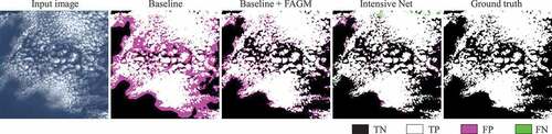 Figure 8. Visual comparison of the baseline, baseline + FAGM, and Intensive Net (Baseline + FAGM + regression block) on the HY1C-UPC dataset for ablation study.
