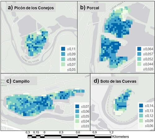 Figure 14. Mode 1 spatial variability of EOF analysis for (a) Picón de los Conejos; (b) Porcal; (c) Campillo and (d) Soto de las Cuevas lakes.