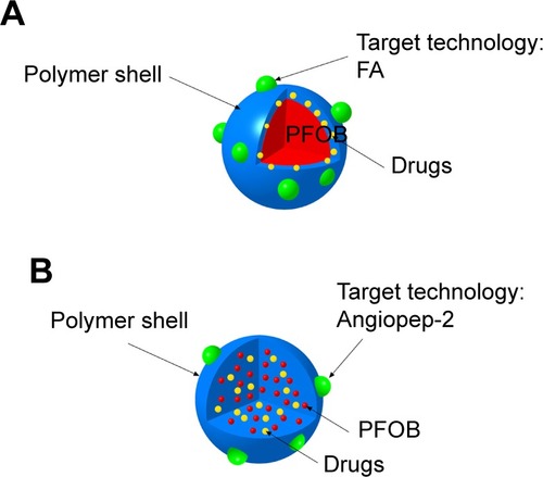 Figure 6 Schematic illustration of the location of doxorubicin or PTX in the PFOB NPs designed by Vu-Quang et alCitation17 and Boissenot et alCitation107 (A). Schematic illustration of the location of doxorubicin in the PFOB NPs designed by Luo et alCitation112 (B).Abbreviations: FA, folic acid; PFOB, perfluorooctylbromide; PFOB NPs, perfluorooctylbromide nanoparticles; PTX, paclitaxel.