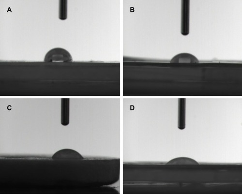 Figure 4 Hydrophilicity of the surface microstructures of (A) PLGA, P0, (B) P2, (C) P4, and (D) P8 composite scaffolds determined by contact angle test.Notes: P2, P4, or P8 represents the PLGA scaffold coated by MBG precursor solution for 2, 4, or 8 times, respectively. P0 represents the unmodified PLGA scaffold.Abbreviations: MBG, mesoporous bioactive glass; PLGA, poly(lactic-co-glycolic acid).