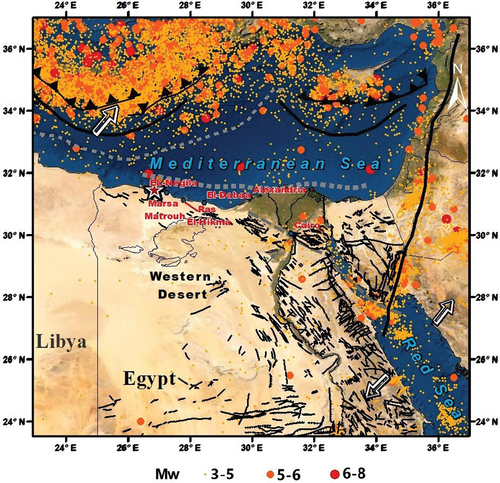 Figure 2. Tectonic and seismicity of the northwestern desert. Red star shows the location of the studied earthquake, and the arrows present the direction of the plate motions. Seismicity data is compiled from the ISC and ENSN Bulletins.