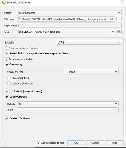 Figure 63. Dialog window to save an existing layer as a new vector layer. By the use of this function, file format conversions and even transformations between different coordinate reference systems are possible (defining the target CRS).