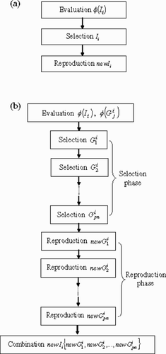 Figure 1. (a) Regular GA. (b) Distribution strategies.