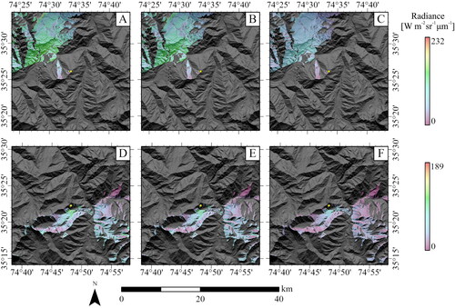 Figure 4. Terrain source areas for two target pixel locations over the Nanga Parbat Massif. The yellow dot in the center of each location is the target pixel. A. Location 1. Reflected surface radiance values from the green portion of the spectrum (λ=0.56141 µm) that contribute to the target pixel. B. Location 1. Reflected surface radiance values from the red portion of the spectrum (λ=0.65459 µm) that contribute to the target pixel. C. Location 1. Reflected surface radiance values from the near-infrared portion of the spectrum (λ=0.86467 µm) that contribute to the target pixel. D. Location 2. Reflected surface radiance values from the green portion of the spectrum (λ=0.56141 µm) that contribute to the target pixel. E. Location 2. Reflected surface radiance values from the red portion of the spectrum (λ=0.65459 µm) that contribute to the target pixel. F. Location 2. Reflected surface radiance values from the near-infrared portion of the spectrum (λ=0.86467 µm) that contribute to the target pixel.