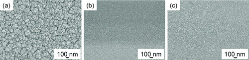 FIG. 3 Plane view FESEM images of Si films deposited for 20 min at wire temperatures of (a) 1800°C, (b) 1900°C, and (c) 2000°C under the condition of Figure 2.