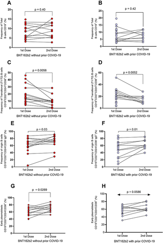 Figure 4 Changes in B-cell subpopulations after the first and second BNT162b2 doses in the groups with and without prior COVID-19. (A) Percentages of total B cells in individuals without prior COVID-19 and (B) with prior COVID-19. (C) Percentages of transitional B cells in individuals without prior COVID-19 and (D) with prior COVID-19. (E) Percentages of virgin B cells in individuals without prior COVID-19 and (F) with prior COVID-19. (G) Percentages of early plasmablast in individuals without prior COVID-19 and (H) with prior COVID-19.