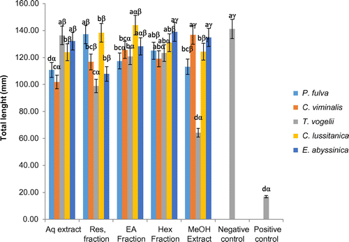 Figure 6. Effects of plants extracts and fractions on the tomato seedling plant total lenght at the end of the experiment (10 days).