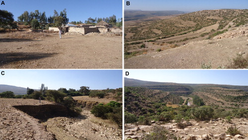 Figure 5. Views of the mapped area in 2013. (A) Zahina village, (B) steep slope with stone bunds draining to the Suluh River, (C) remnant forest and (D) the Suluh River valley.