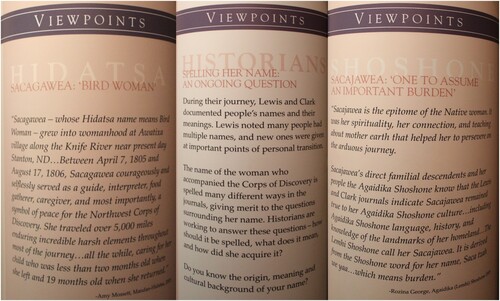 Figure 2. Multiple perspectives interpretation – “Viewpoints,” Sacajawea Historical State Park. Note the three different perspectives provided from the views of the Hidatsa, historians, and the Shoshone. Photograph by Leah Rosenkranz.