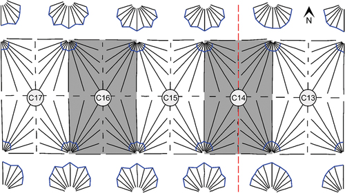 Figure 9. Exeter cathedral nave high vault plan with increased scale middle plans. A design change is clear within bay C14.