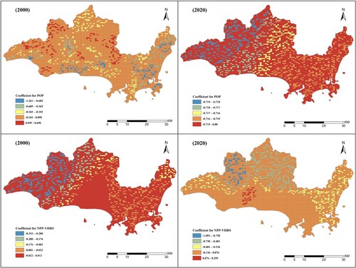 Figure 16. Spatial distribution pattern of correlation coefficients between HQ and socio-economic factors, night-time lighting (NTL) and population density (POP), in Sanya.