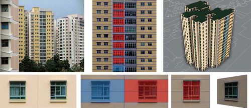 Figure 7 Façade geometry generation using CityEngine’s Façade Wizard: Original street level photo taken (top left), sub-division and depth assignments (bottom row), resulting final façade structure (top middle), which can then be applied to the whole building structure (top right).
