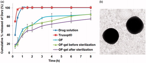 Figure 2. (a) Release profiles of Dorzolamide-HCl from OF-gel before and after sterilization compared to that from optimized formulation (OF), Dorzolamide-HCl solution and Trusopt® eyedrops, (b) Transmission electron image of Dorzolamide-HCl loaded niosomes of optimized formulation negatively stained with potassium phophotungustate.