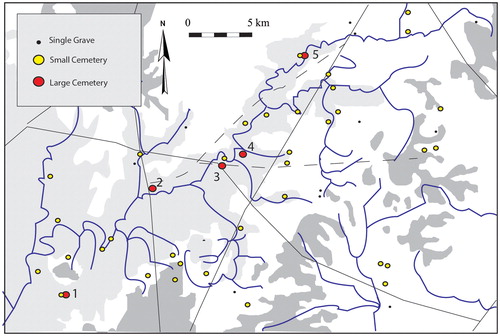 FIG 8. The Avon Valley, large cemeteries are spaced along the Avon hemmed by smaller sites along this boundary between two cultural zones. 1 Beckford B, 2 Bridford, 3 Alverton, 4 Wasperton and 5 Baginton. After Scheschkewitz Citation2006, 11. © D Sayer.