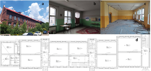 Figure 1. Case project: (a) exterior view credited to Krzysztof Skrzypiec, (b) interior 2nd floor credited to Jakub Świerzawski, (c) interior 1st floor credited to Krzysztof Skrzypiec, (d) ground floor plan.