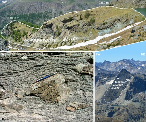 Figure 5. Ophiolitic blocks of Bardonney Unit. (a) Serpentinite olistoliths of Loie lake, associated to (b) metaophicalcite with serpentinite clasts embedded in a carbonate matrix. (c) Eclogitic Fe-Ti gabbro olistolith of Pointe Noire.