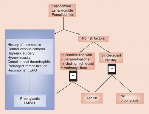 Figure 1. Proposed management of the venous thromboembolic risk based on current knowledge in multiple myeloma patients treated with immunomodulator drug-based therapy.LMWH: Low-molecular-weight heparin.