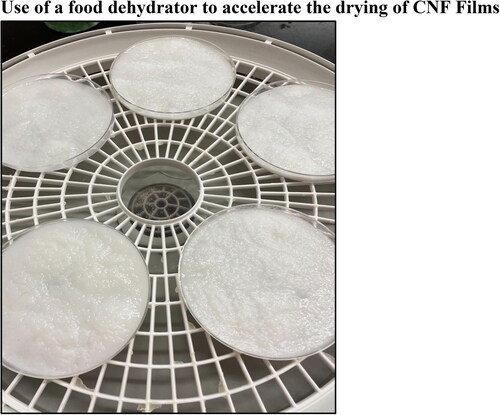 Figure 3. Five 100% CNF films being dried with a food dehydrator. When using a food dehydrator, films can be dried within 6 - 10 h versus 24 – 48 h.Use of a food dehydrator to accelerate the drying of CNF Films