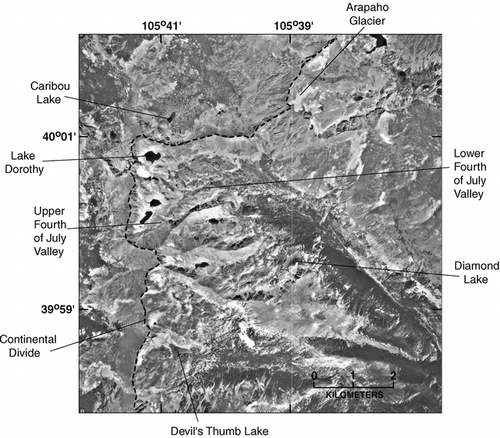 FIGURE 2.  Aerial photograph of part of the Indian Peaks region, showing the Continental Divide and cirques where moraines were sampled