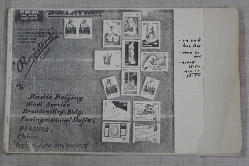 Figure 13 Copy of a letter-booklet sent by Rajendra Swarnkar to Radio Beijing in 1989. On the right, the author has noted down that it was posted in 1989, weighs 70 grams and contains cover stamps which cost him a total of 28.50 Rupees. The title on the top reads ‘Questionaire on a New China’, Private Collections Rajendra Kumar Swarnkar, Photo: Bikaner, April 2, 2022, Jyothidas KV ©Bajpai.