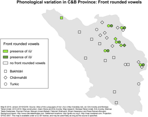 Figure 19. Sample Phonological Data Map: Front Rounded Vowels in the Languages of Chahar Mahal va Bakhtiari Province.Source: http://iranatlas.net/module/taxonomy.selectMap