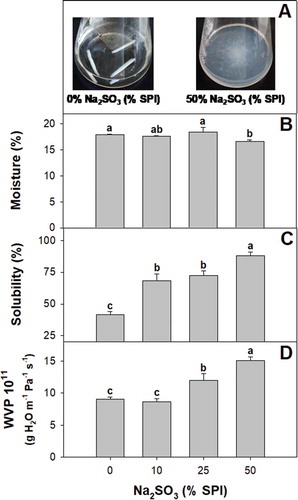 Figure 3. (a) Appearance of soy protein films with 0 g and 50 g of sodium sulfite per 100 g of SPI after incubation in water for 24 h. (b) Moisture content, (c) solubility and (d) water vapor permeability of soy protein films activated with 0; 10; 25; y 50% w/w sodium sulfite on SPI basis. Different letters indicate significant differences based on a Tukey test at a level of significance of P < 0.05.Figura 3. (a) Apariencia de las películas de proteína de soya con 0 g y 50 g de sulfito de sodio por 100 g de SPI, después de su incubación en agua durante 24 h. (b) Contenido de humedad, (c) solubilidad y (d) permeabilidad al vapor de agua de las películas de proteína de soya activadas con 0; 10; 25; y 50% p/p con base en el SPI. Las distintas letras indican la presencia de diferencias significativas con base en una prueba de Tukey a un nivel de significancia de P < 0.05.