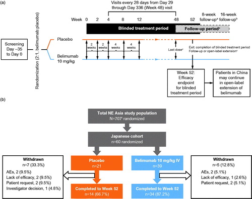 Figure 1. Study design (a) and patient disposition (b). aAll patients who withdrew early or did not enter the open-label period of the study were asked to return as least 6 months after the last dose of investigational product to repeat the immunogenicity test; bpatients who withdrew early or who did not enter the open-label period of the study; cfollow-up period for those not entering the open label period of the study; dlast dose for those not entering the open-label period of the study; eexit/complete blinded treatment for those not entering the open-label period of the study; f707 patients were randomized to receive belimumab or placebo; however, two patients were identified as ineligible for inclusion after randomization and did not receive the first dose of the study drug. This is the Day 0 visit or first dose for those entering the open-label period of the study. AEs: adverse events; IV: intravenous; SoC: standard of care.