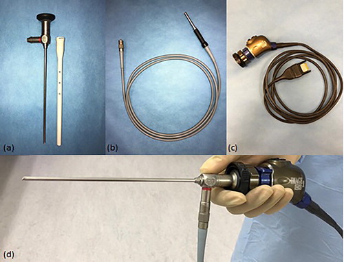 Figure 2. Showing arthroscope with protective sheath (a), light source cable (b), video camera (c) and all three connected together (d).