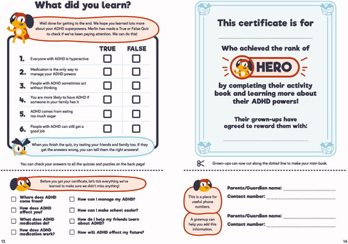 Figure 3. The true or false quiz at the end of the activity book to test the young person’s knowledge of ADHD followed by the checklist of what they have learned and the certificate of completion.