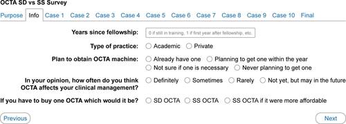 Figure S1 Screenshot of questionnaire at the beginning of the survey.Note: Created by Aaron Y Lee and Cecilia S Lee, University of Washington.Abbreviations: OCTA, optical coherence tomography angiography; SD, spectral domain; SS, swept source.