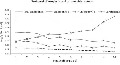 Figure 1. Chlorophylls and carotenoids Feutrell’s Early’ peel (Fruit 1–10).