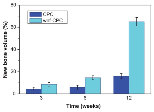 Figure 12 Histomorphometric analysis of bone defects repaired by wollastonite nanofiber–doped calcium phosphate cement (wnf-CPC) with 10 wt% wollastonite nanofibers and calcium phosphate cement (CPC) over time.Notes: Data presented as mean plus or minus standard deviation; n = 4.