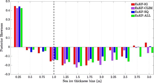 Fig. 10. Bar chart of the conditional posterior skewness for SIT estimates obtained using all tested DA schemes and computed at the final assimilation time. Dashed black line represents the detection limit of 1 m SIT.