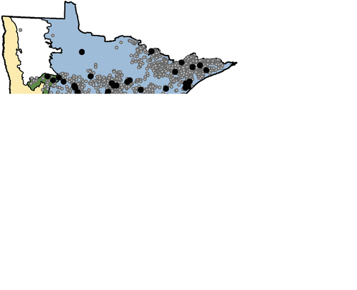 Figure 1 Location of lakes >20 ha in Minnesota. Docks were counted on 150 highlighted lakes, 50 in each of 3 ECS provinces that contain numerous lakes.