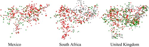 Figure 5. Visual network of shale gas controversy in 2019 per country. The colour of the images converted to dots represents the positioning of the actor on the debate. The place of the dot in the network represents the type of cluster the image belongs to (See Figure 5).