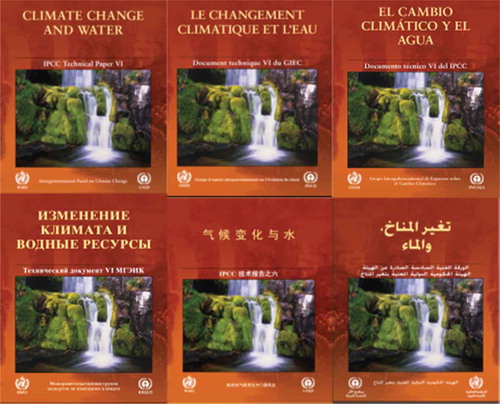 Fig. 2 Front covers of the different language versions of the IPCC Technical Paper on Climate Change and Water (Bates et al. Citation2008) that has fetched many citations, according to Google Scholar, yet is ignored in the Web of Science.