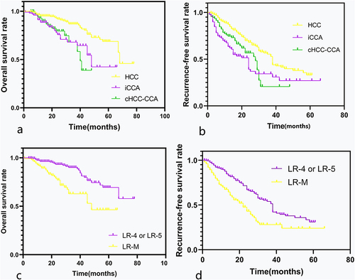 Figure 2 Recurrence-free survival and overall survival of 432 patients after surgical resection of primary liver cancer according to the Liver Imaging Reporting and Data System (LI-RADS) category and pathologic diagnosis. (a and b) Kaplan–Meier curves for overall survival (a) and recurrence-free survival (b) for patients with HCC, iCCA and HCC-CC. (c and d) Kaplan–Meier curves for overall survival (c) and recurrence-free survival (d) in the LR-M and LR-4/5 categories.