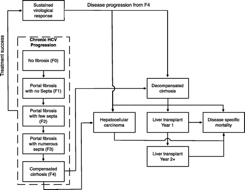 Figure 1. Model structure for estimated cost and effects of treating patients with chronic HCV infection. Rectangular area created with dashed lines represents disease states of chronic hepatitis C by the level of liver fibrosis.