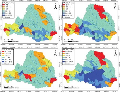 Fig. 8 Spatial changes of mean annual runoff under INM scenarios.