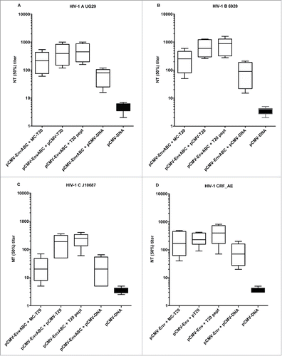 Figure 4. A-D. Neutralization titers to HIV-1 of subtypes A, B, (C) and CRF_AE. Five mice in each group were immunized with pCMV-EnvABC (20 µg) and MC-T20 20 µg; pCMV-EnvABC (20 µg) and pCMV-T20 (20 µg); pCMV-EnvABC (20 µg) and T20 peptide (10 µg); pCMV-EnvABC (20 µg) and non-coding pCMV-DNA (20 µg); or non-coding pCMV-DNA (40 µg). The p24 ELISA was used to detect subtype A, B and C viral antigen inhibition, the RT assay to detect CRF_AE viral antigen inhibition. (See also Table S1, Group III.)