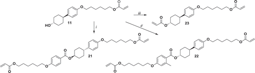 Figure 8. Synthesis of 21, 22 and 23. i: DCC, DMAP, 4-((6-(acryloyloxy)hexyl)oxy)benzoic acid, CH2Cl2, 30°C 24 h. ii: 4-((6-(acryloyloxy)hexyl)oxy)-2-methylbenzoic acid, triethylamine, 2,4,6-trichlorobenzoyl chloride, DMAP THF 18 h r.t.; iii: NEt3, acryloyl chloride, THF, 0°C 1 h, r.t. 16 h