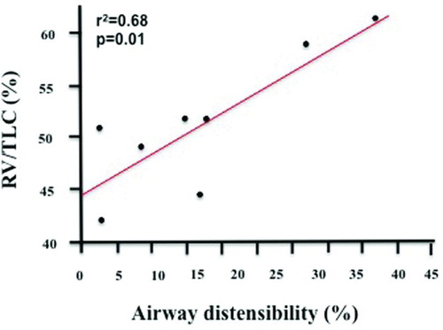 Figure 3.  Correlation between baseline lung function expressed as RV/TLC% predicted and the degree of airways distensibility by deep inspirations in the COPD group (r2 = 0.68, p = 0.01).