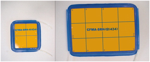 Figure 7. The 2 × 2 434 MHz CFMA-SRH-4 (434) applicator with an aperture size of 140 × 150 mm, consisting of four applicators, each 70 × 75 mm (left), and the 3 × 4 434 MHz CFMA-SRH-12 (434) applicator with an aperture size of 197 × 285 mm, consisting of 12 applicators, each 65 × 71 mm (right).